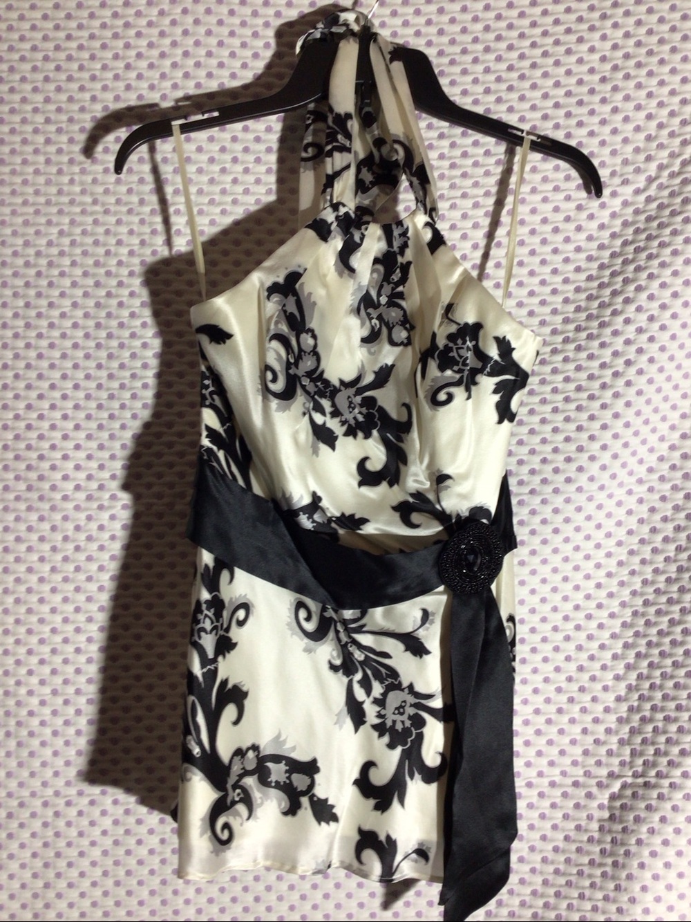White House Black Market Silk Chic Black & White Floral Halter Top